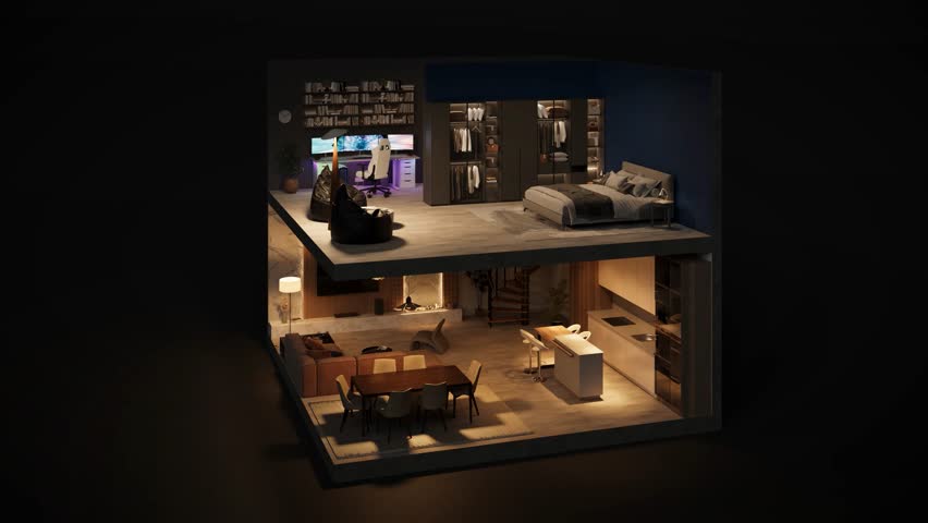 Architectural Visualization: Future Home Design with Color-Changing Smart Lights Transforming the Living and Bedroom Areas. 3D render