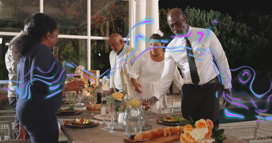 Woman moving to sit after dinner toast, guests helping, purple overlay flowing across people. Patio, poolside, alfresco, evening, celebration, dining, hosts