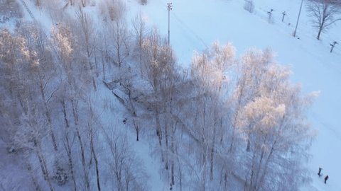 Ascending Drone Turn above Winter Ski Complex