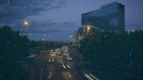 Handful of white numerals appearing over wet highway, growing and drifting, showing traffic flow. Lighttrails, digits, neon, urban, night, rain, reflections - Powered by Shutterstock - Get 15% off with code: PIKWIZARD15