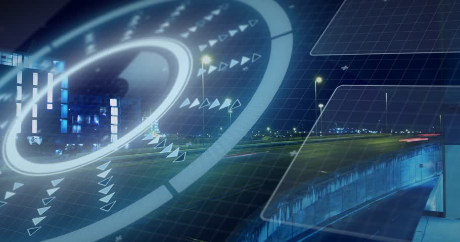 Data pulse activating HUD ring, rotating pulsing markers and displaying traffic over night roadway. Futuristic, overlay, neon, urban, overpass, lighttrails, grid