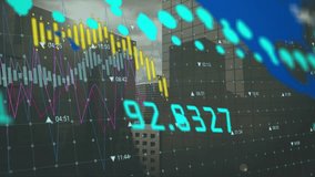 Market charts sweeping skyline, brush initiating moving markers, readouts updating, showing trends. Candlestick, data, visualization, finance, animated, urban, cityscape - Powered by Shutterstock - Get 15% off with code: PIKWIZARD15