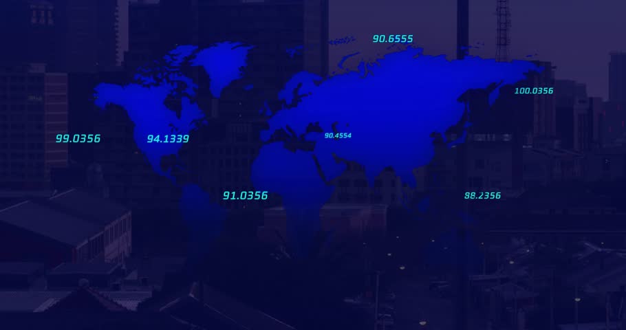 On map load map animating cyan arcs and white connector line, nodes pulsing showing global links. Globe, trajectories, link, grid, skyline, blue, tech