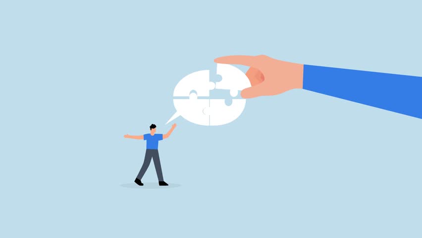 Complete communication speech bubble, 4k animation of businessman hand help connect jigsaw on speech bubble.