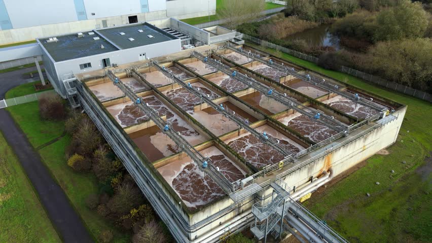 Aerial view of water treatment plant, United Kingdom.