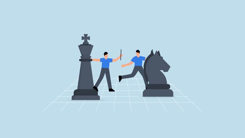 Succession planning, 4k animation of businessman boss on king chess baton pass to his successor.