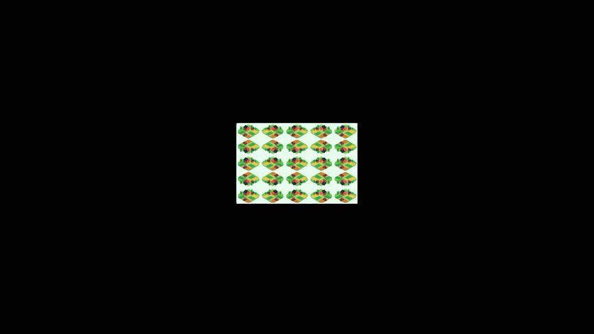Isometric farm landscape animation with red barn, tractor plowing field, and green crops. Agriculture concept