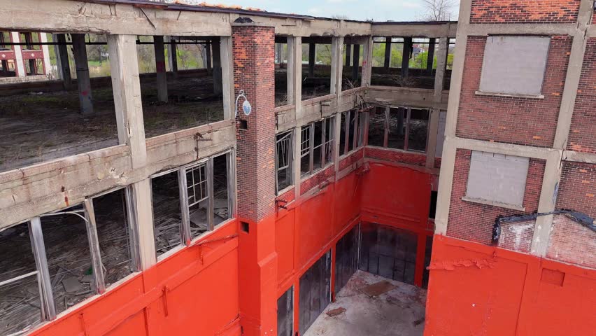 Partially Demolished Red Brick Section of Historic Packard Car Factory, Detroit, Michigan, USA