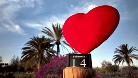 Big red heart-shaped pillow gently moving in the breeze atop a wooden calendar block showing February 14, set against a beautiful tropical background with palm trees and a blue sky - Powered by Shutterstock - Get 15% off with code: PIKWIZARD15