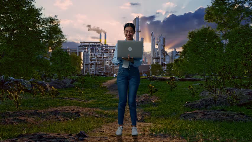 Full Body Of An Asian Female Professional Worker Standing With Her Laptop In Front Of Oil Refinery, Working Continuously