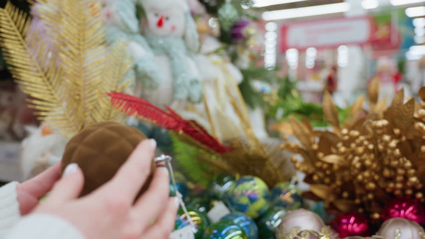 Close-up of hand holding and observing brown decorative ball in festive decor shop, with blinking lights and vibrant holiday decorations in background