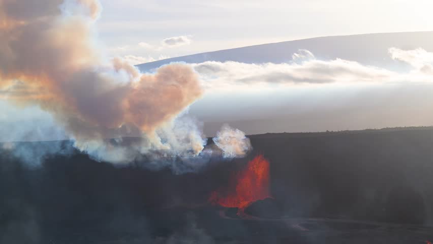 Aerial view of volcano eruption, United States.