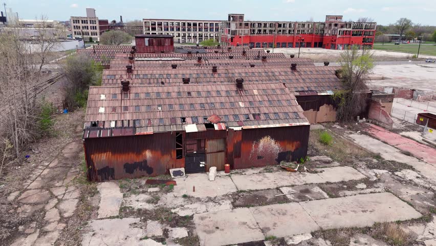 Rusted buildings and crumbling pavement at abandoned Packard Plant in Detroit, Michigan, USA partially demolished