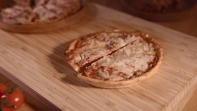 Pizza Piece Lifted On Wooden Board, Steaming Pizza Slice With Crispy Crust And Cheese Stretch . Media - Powered by Shutterstock - Get 15% off with code: PIKWIZARD15