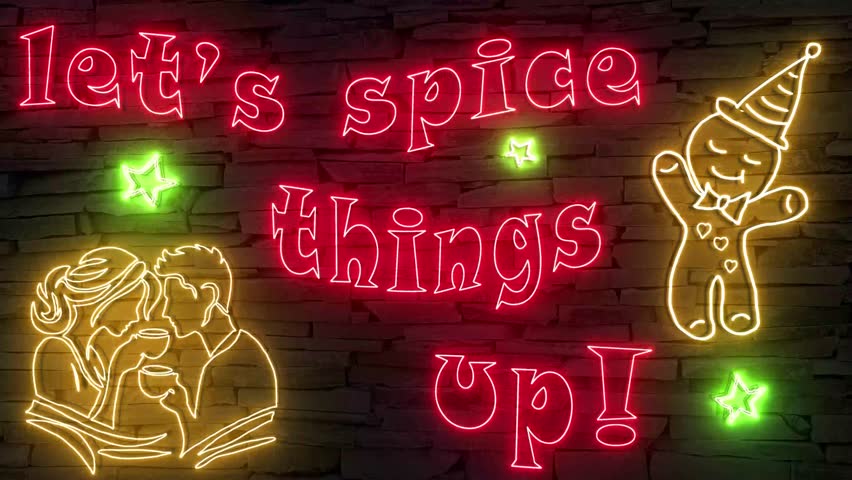 Let's spice things up! + silhouette of couple drinking coffee and gingerbread man illuminated 3d illustration retro neon signs on dark brick wall, 10s4k video ad for coffee shops and bakeries, sweet!