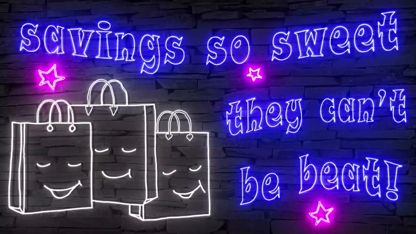Savings so sweet they can't be beat! + silhouette of happy shopping bags illuminated 3d illustration retro neon signs on dark brick wall, 10s4k video advertisement for Christmas sales, winter sales!