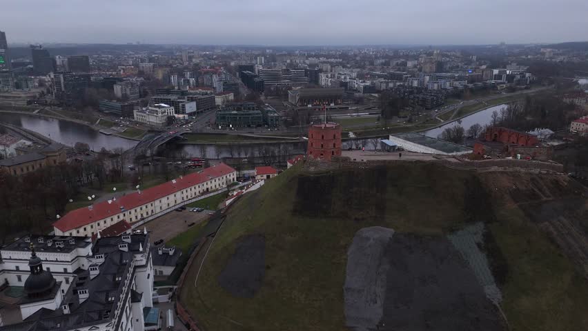 Aerial view of the Vilnius Castle Complex in Lithuania showing the old fort in the centre of an old European city.