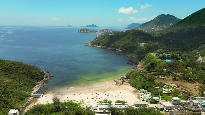 Shallow Green Water Of Big Wave Bay Hong Kong Island China Drone Track In 4K 60FPS