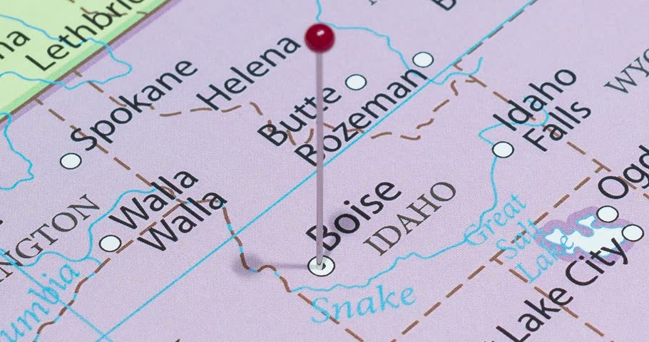 A zoom out of a red pin into a Boise city of The United States of America political map