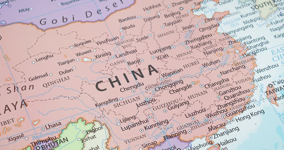 A zoom in of China political map with country frontiers and most important cities