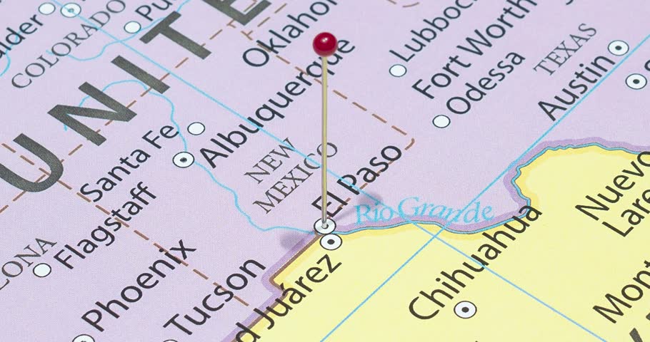 A zoom out of a red pin into a El Paso city of The United States of America political map