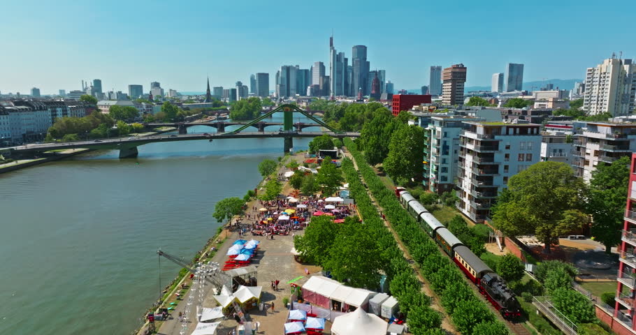 Aerial view of Frankfurt with modern skyscrapers beautiful sunny day, city center. Financial capital of Europe, Hesse, Germany,