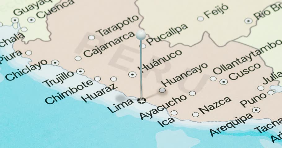 A zoom out of a white pin into Lima city of Peru political map