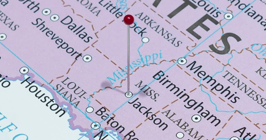 A zoom out of a red pin into a Jackson city of The United States of America political map