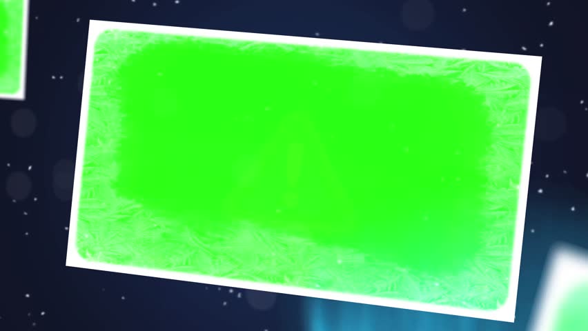 A dynamic, looping video background featuring multiple photo frames with a textured, vintage white border moving across a dark, starry backdrop. Each frame contains a bright green screen (chroma key)