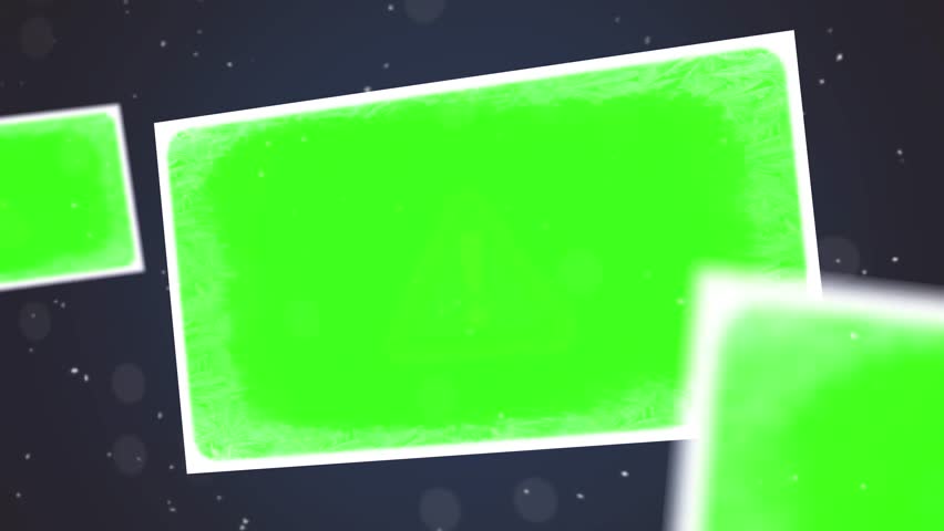A dynamic, looping video background featuring multiple photo frames with a textured, vintage white border moving across a dark, starry backdrop. Each frame contains a bright green screen (chroma key)