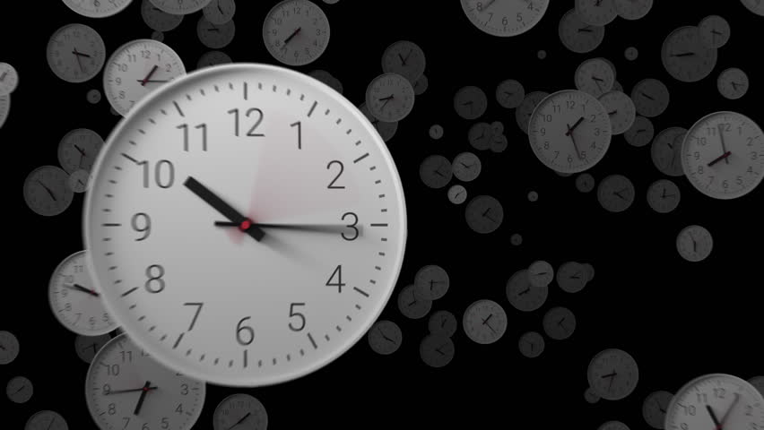 Multiple clocks with fast-spinning hands fly chaotically toward the camera in a time-lapse. Concept of the rapid, uncontrollable passage of time and urgency, deadlines, and time pressure