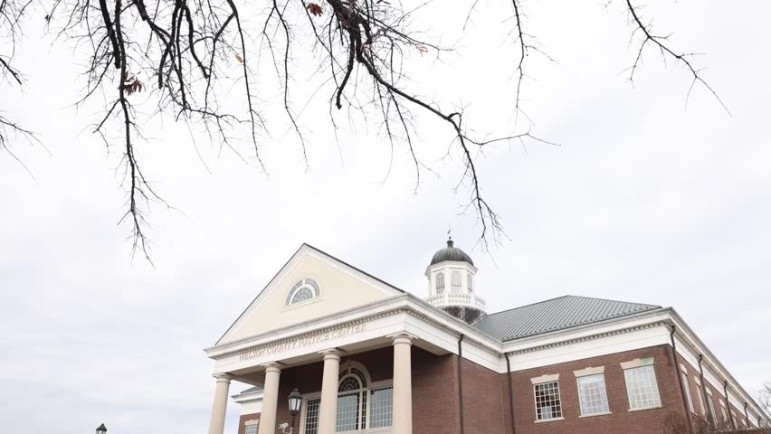 Exterior tilt-down shot of the historic Nelson County Courthouse in Bardstown, Kentucky. Classic architecture and civic presence. Editorial use only.