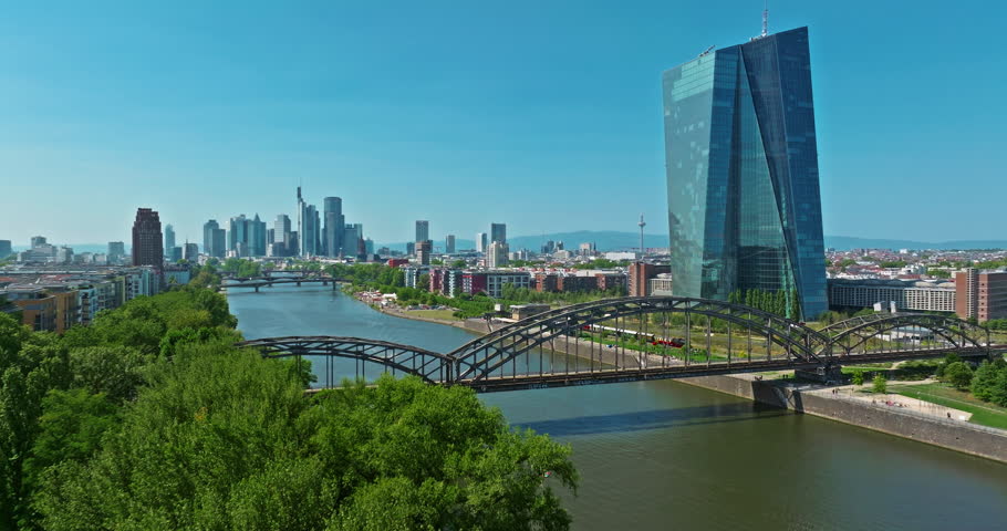 Aerial view of Frankfurt with modern skyscrapers beautiful sunny day, city center. Financial capital of Europe, Hesse, Germany,
