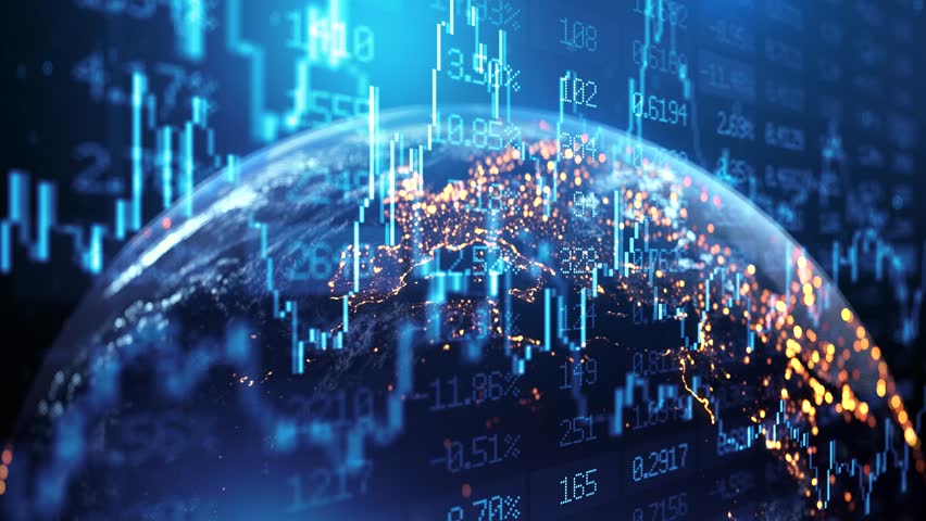 Global Financial Currency Exchange Network. Stock Market Chart Prices, Financial Indexes Graph. Earth Fintech Data Visualization, Digital Money Transfer. World Trade. Cryptocurrency and stocks trading