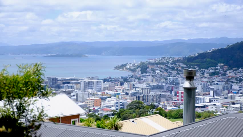 Aerial cityscape view of densely packed buildings and harbour ocean in capital city of Wellington, New Zealand Aotearoa