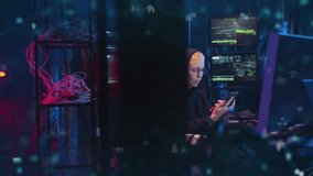 Person sitting in dark tech room surrounded by multiple screens. Working with smartphone while focusing on data. Holograms flying around workspace. IT specialist handling digital tasks. - Powered by Shutterstock - Get 15% off with code: PIKWIZARD15