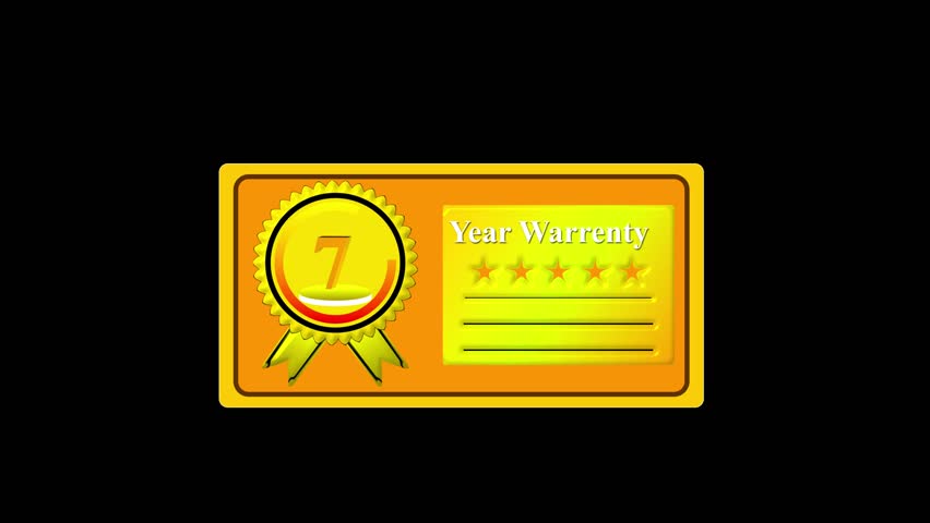 Golden 7 year warranty certificate badge with ribbon and five stars on black background, premium product guarantee label, metallic gold quality assurance seal for trusted service and reliability