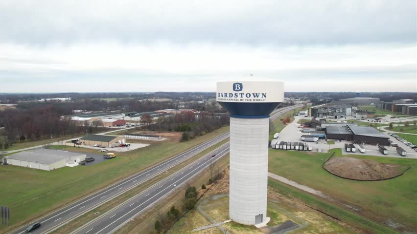 Drone footage of the Bardstown water tower beside the Kentucky Bluegrass Parkway, highlighting scenic infrastructure and local charm.