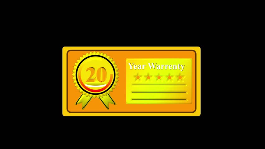 Golden 20 year warranty certificate badge with ribbon and five stars on black background, premium product guarantee label, metallic gold quality assurance seal for trusted service and reliability
