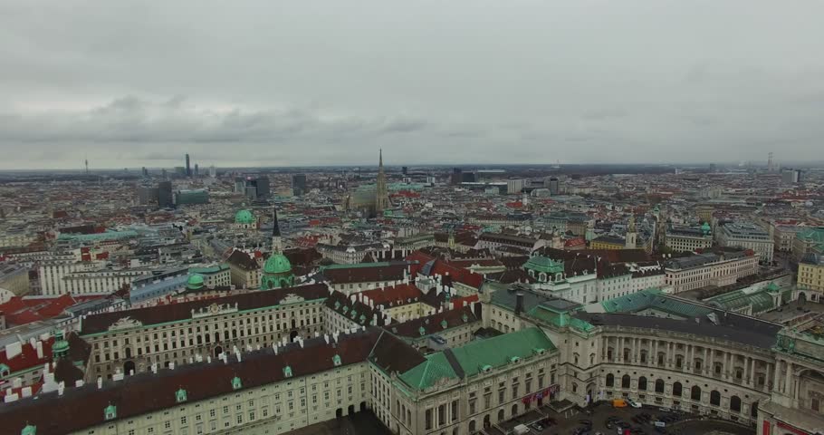 Expansive aerial panorama of the historic center of Vienna, Austria, showing the Hofburg Palace complex and surrounding classical architecture