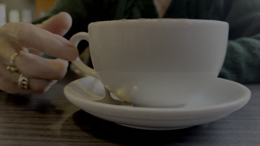 Older person having cup of coffee in a cafe in England UK 4K