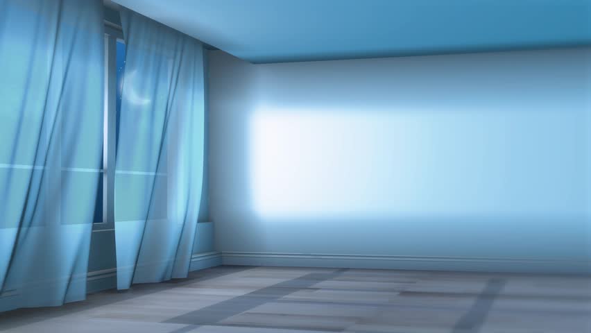 Minimalist night scene with moonlight and softly waving sheer curtains in an empty room. Calm interior design concept. Place for logo and text. 4K.