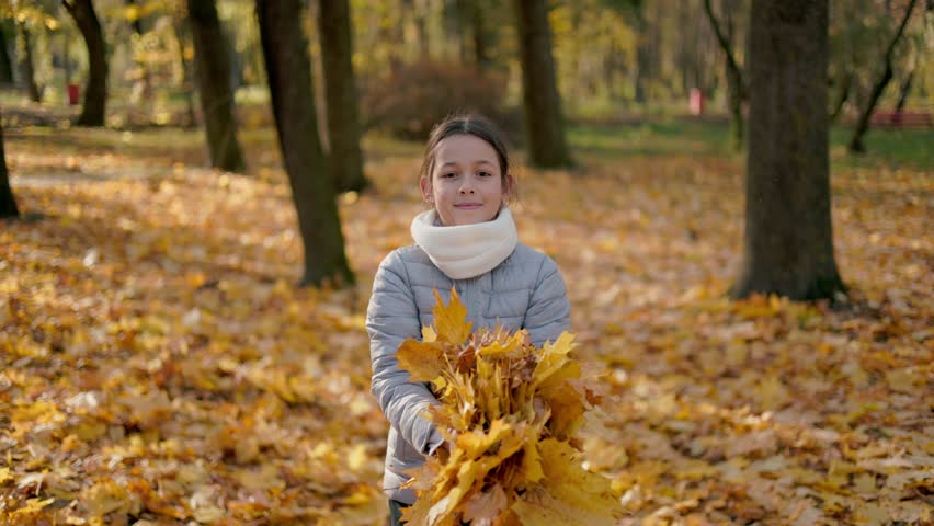 She jumps high, trying to catch as many leaves as possible in flight, and dives again into the soft, rustling pile lying on the ground. The child is happy, playing, throwing leaves, jumping up