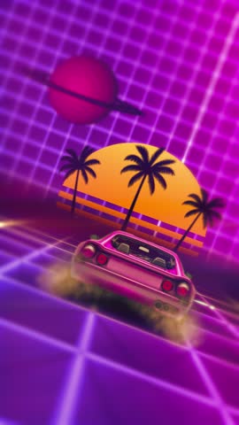 Dynamic 80s Synthwave background loop featuring a vibrant pink sport car racing across a glowing digital grid road towards a large sunset. Perfect for social media stories and vertical video platforms