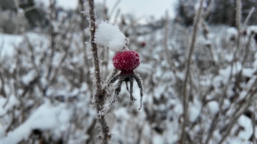Frozen rosehip berries in the winter park. Slowmotion