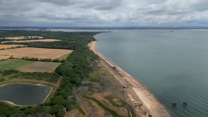 Footage over Lepe Beach coming from over the lake Hampshire UK 