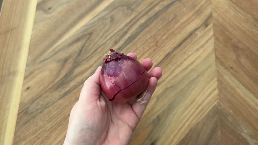 Female hands holding and turning a small purple onion above a wooden table. Fresh vegetable and cooking concept filmed in 4K with natural light.