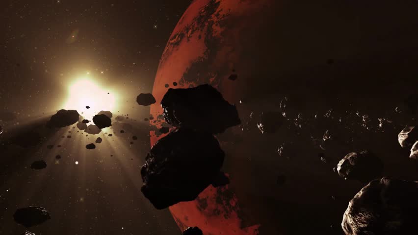 Sunrise on mars planet shot from space telescope animation Sun, stars and black skyes 3D render animation