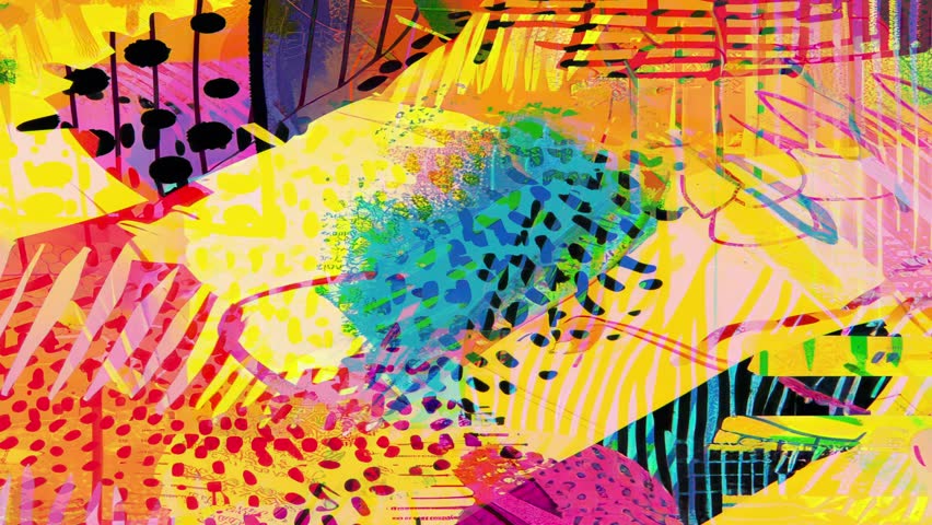 Explosive glitchy grunge mixed media collage, vibrant pink and orange paint blocks, hand-drawn lines, digital halftones, layered comic abstraction modern art background loop