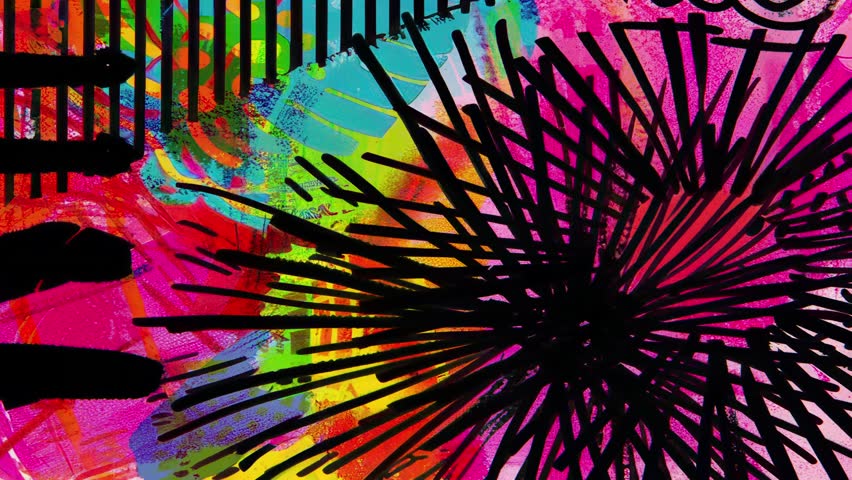 Bold black sunburst strokes, comic halftone patterns, neon pink and yellow colors, graffiti energy, graphic contrast funky surreal cartoon hand drawn grunge background